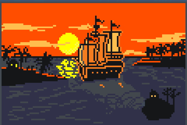 red sunset boat Pixel Art